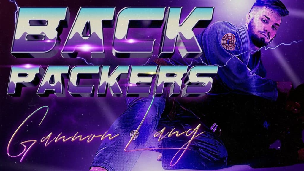 Purple retro style art featuring Gannon Lang on the right side and Back Packers 3D text on the left