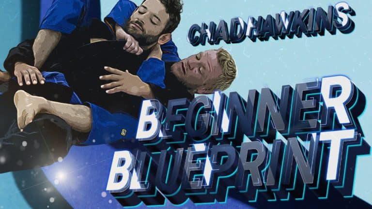 Chad Hawkins on opponent's back against a blue abstract background with the title "Beginner Blueprint" in the right hand corner of the image