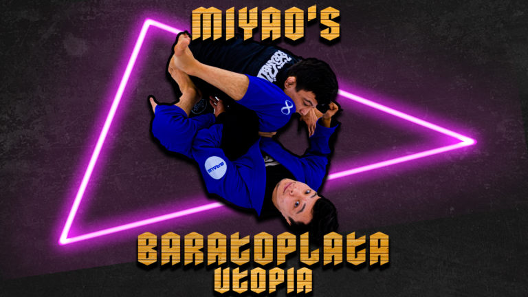 Paulo Miyao in blue bjj is demonstrating baratoplata armlock to training partner in front of black background and neon pink effect.