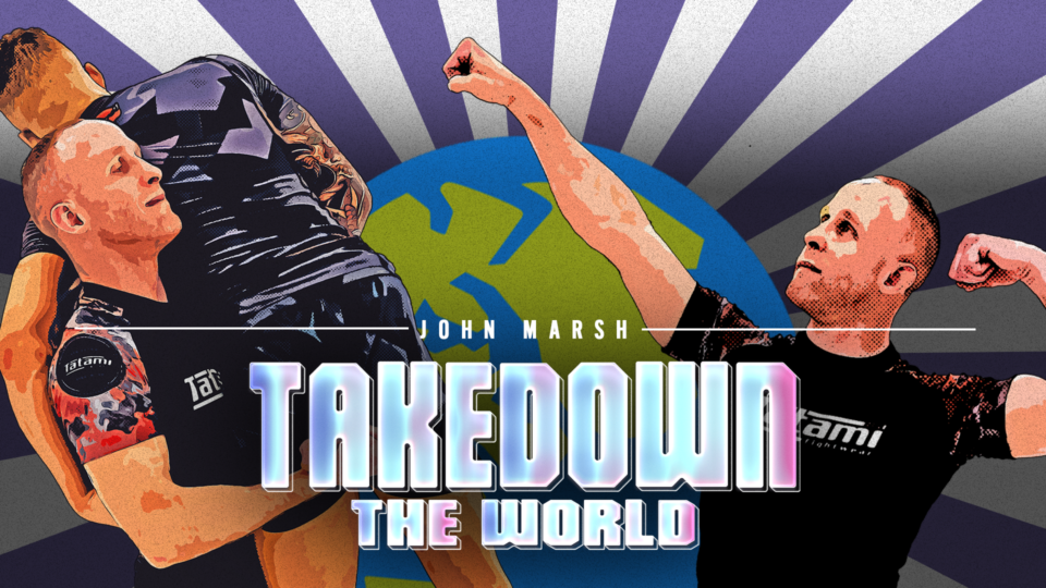 John Marsh and his partner against purple stripe background demonstrating wrestling moves.