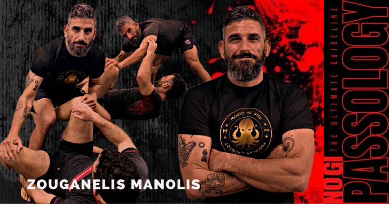 Zouganelis is in his black rash guard against a black textured background next to the course title `No Gi Passology`